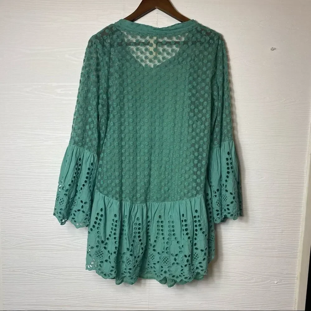 RHUM & RAISIN Teal Eyelet layer Tunic Boho Bohemian M/L - Picture 9 of 11